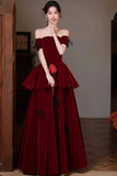 Burgundy Off-the-Shoulder Velvet Long Prom Dress, Tiered A-Line Formal Gown HZ0429