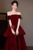 Burgundy Off-the-Shoulder Velvet Long Prom Dress, Tiered A-Line Formal Gown HZ0429