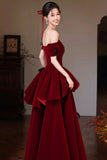 Burgundy Off-the-Shoulder Velvet Long Prom Dress, Tiered A-Line Formal Gown HZ0429