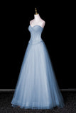 Sparkly Light Blue Strapless Evening Gown, A-Line Formal Party Dress with Pearls HZ0429