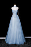 Sparkly Light Blue Strapless Evening Gown, A-Line Formal Party Dress with Pearls HZ0429