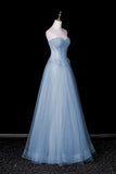 Sparkly Light Blue Strapless Evening Gown, A-Line Formal Party Dress with Pearls HZ0429