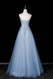 Sparkly Light Blue Strapless Evening Gown, A-Line Formal Party Dress with Pearls HZ0429