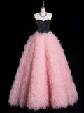 Pink Tulle Beads Long Prom Dress, Beautiful A-Line Strapless Evening Party Dress HZ0429
