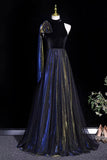 Luxury Black Blue Velvet Evening Gown with Gold Shimmer for Formal Events HZ0429