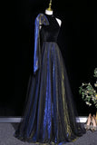 Luxury Black Blue Velvet Evening Gown with Gold Shimmer for Formal Events HZ0429