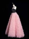 Pink Tulle Beads Long Prom Dress, Beautiful A-Line Strapless Evening Party Dress HZ0429