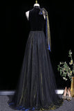 Luxury Black Blue Velvet Evening Gown with Gold Shimmer for Formal Events HZ0429