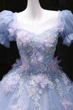 Blue Tulle Sequins Long Prom Dress with Flower, Beautiful Short Sleeve Party Dress HZ0429
