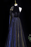 Luxury Black Blue Velvet Evening Gown with Gold Shimmer for Formal Events HZ0429