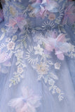 Blue Tulle Sequins Long Prom Dress with Flower, Beautiful Short Sleeve Party Dress HZ0429