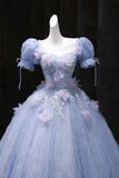 Blue Tulle Sequins Long Prom Dress with Flower, Beautiful Short Sleeve Party Dress HZ0429