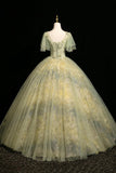 Sage Green Flower Fairy Long Prom Dress, A-Line Square Neckline Short Sleeve Formal Dress HZ0429