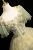 Sage Green Flower Fairy Long Prom Dress, A-Line Square Neckline Short Sleeve Formal Dress HZ0429
