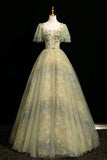 Sage Green Flower Fairy Long Prom Dress, A-Line Square Neckline Short Sleeve Formal Dress HZ0429