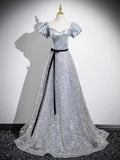 Silver Sequins Floor Length Prom Dress, Sparkly A-Line Off the Shoulder Party Dress HZ0429
