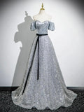 Silver Sequins Floor Length Prom Dress, Sparkly A-Line Off the Shoulder Party Dress HZ0429