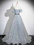 Silver Sequins Floor Length Prom Dress, Sparkly A-Line Off the Shoulder Party Dress HZ0429