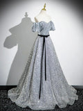 Silver Sequins Floor Length Prom Dress, Sparkly A-Line Off the Shoulder Party Dress HZ0429