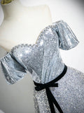 Silver Sequins Floor Length Prom Dress, Sparkly A-Line Off the Shoulder Party Dress HZ0429