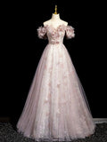 Dusty Pink Tulle Sequins Floor Length Prom Dress, Beautiful A-Line Evening Party Dress HZ0429