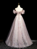 Dusty Pink Tulle Sequins Floor Length Prom Dress, Beautiful A-Line Evening Party Dress HZ0429
