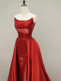 Wine Red Sequin Mermaid Evening Dresses with Overskirt, Elegant Strapless Party Dresses HZ0429