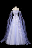 Sparkly Lilac Off-the-Shoulder Tulle Prom Dress, A-Line Evening Gown with Puff Sleeves HZ0429