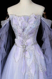Sparkly Lilac Off-the-Shoulder Tulle Prom Dress, A-Line Evening Gown with Puff Sleeves HZ0429