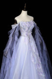 Sparkly Lilac Off-the-Shoulder Tulle Prom Dress, A-Line Evening Gown with Puff Sleeves HZ0429