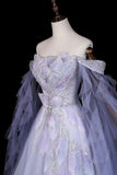 Sparkly Lilac Off-the-Shoulder Tulle Prom Dress, A-Line Evening Gown with Puff Sleeves HZ0429