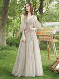 A-Line Tulle Lace Floor Length Prom Dress, Beautiful Evening Party Dress HZ0429