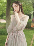 A-Line Tulle Lace Floor Length Prom Dress, Beautiful Evening Party Dress HZ0429