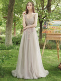 A-Line Tulle Lace Floor Length Prom Dress, Beautiful Evening Party Dress HZ0429