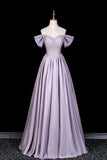 Sparkly Satin A-Line Formal Dress with Puff Sleeves, Lilac Off-the-Shoulder Prom Gown HZ0429