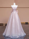 Sparkling Pink Sequined Long Prom Dress, Beautiful Spaghetti Strap Party Dress with Bow HZ0429