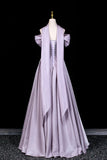 Sparkly Satin A-Line Formal Dress with Puff Sleeves, Lilac Off-the-Shoulder Prom Gown HZ0429