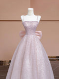 Sparkling Pink Sequined Long Prom Dress, Beautiful Spaghetti Strap Party Dress with Bow HZ0429