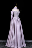 Sparkly Satin A-Line Formal Dress with Puff Sleeves, Lilac Off-the-Shoulder Prom Gown HZ0429