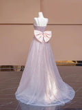 Sparkling Pink Sequined Long Prom Dress, Beautiful Spaghetti Strap Party Dress with Bow HZ0429
