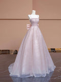 Sparkling Pink Sequined Long Prom Dress, Beautiful Spaghetti Strap Party Dress with Bow HZ0429