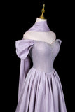 Sparkly Satin A-Line Formal Dress with Puff Sleeves, Lilac Off-the-Shoulder Prom Gown HZ0429