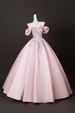 Pink Satin Lace Long Prom Dress, Lovely A-Line Off the Shoulder Evening Formal Dress HZ0429