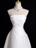 White Satin Floor Length Prom Dress with Pearl, White Strapless Evening Party Dress HZ0429