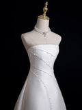 White Satin Floor Length Prom Dress with Pearl, White Strapless Evening Party Dress HZ0429