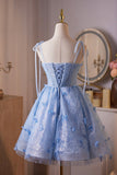 Blue Tulle Lace Short A-Line Prom Party Dress, Cute Spaghetti Strap Homecoming Dress HZ0429