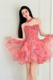 Red Floral Tulle Short Prom Dress, A-Line Sweetheart Neck Party Dress HZ0429