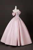 Pink Satin Lace Long Prom Dress, Lovely A-Line Off the Shoulder Evening Formal Dress HZ0429