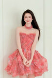 Red Floral Tulle Short Prom Dress, A-Line Sweetheart Neck Party Dress HZ0429