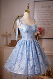 Blue Tulle Lace Short A-Line Prom Party Dress, Cute Spaghetti Strap Homecoming Dress HZ0429
